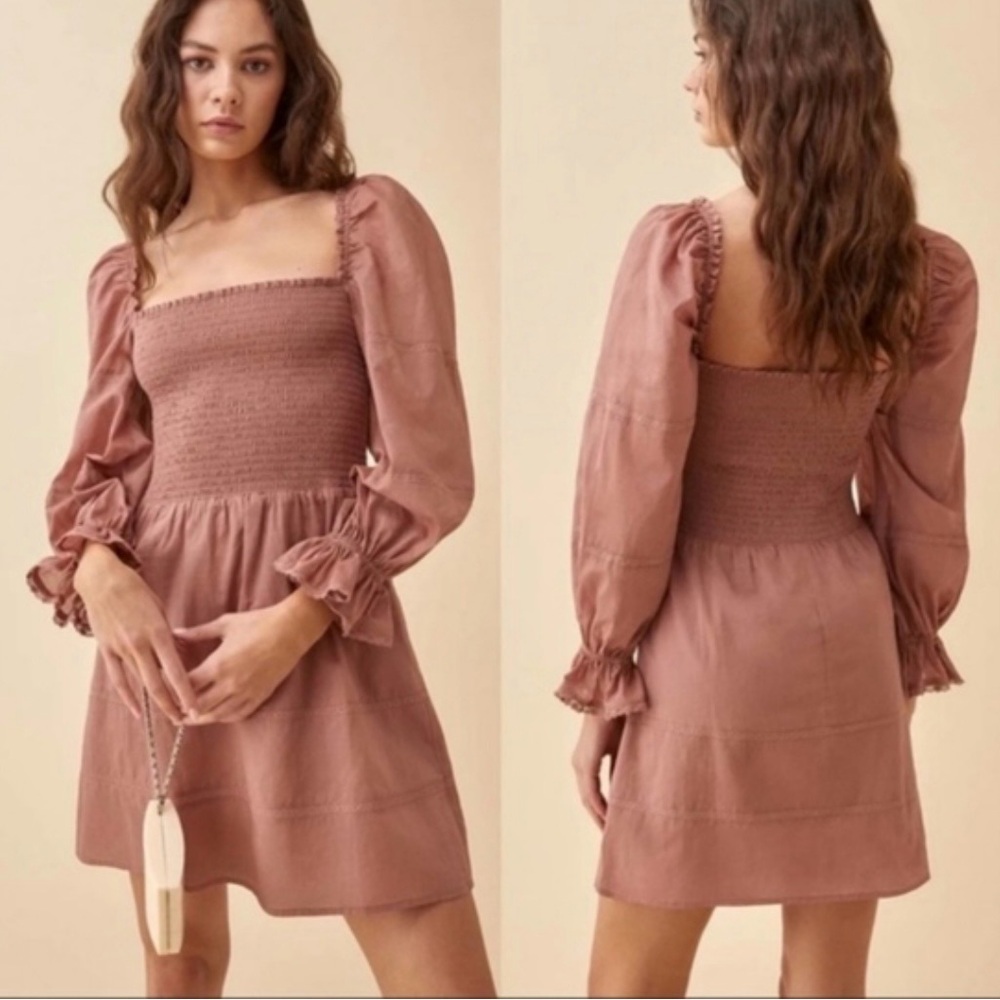 Reformation Dunes Smocked Dress in Praline Size 6 Organic Cotton